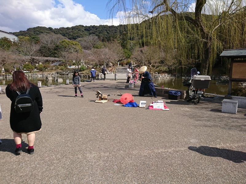 円山公園で尺八を吹いている人と犬